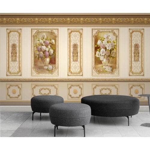 Customized large-scale 3D mural wallpaper European luxury pastoral flowers golden mural background wall