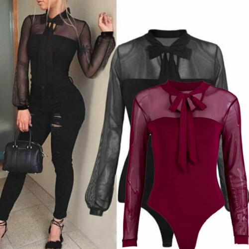 Ladies Sexy Elegant Mesh Bodysuits Women Long Sleeve O Neck Solid Lace Up Slim Skinny Club Party Fashion Leotard Rompers