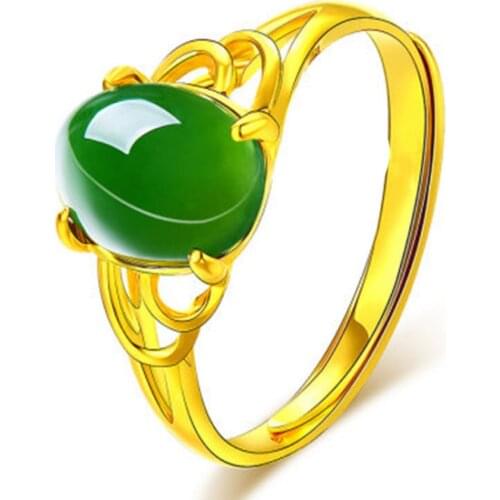 FYSL Light Yellow Gold Color Geometric Shape Green Agates Resizable Finger Ring for Women Trendy Jewelry