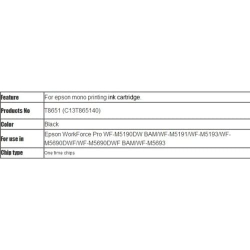 INK WAY 5pcs ONE TIME CHIPS for Epson T8651 T8651XL for WorkForce Pro WF-M5190DW, WF-M5190DW BAM,WF-M5690DWF, WF-M5690DWF BAM