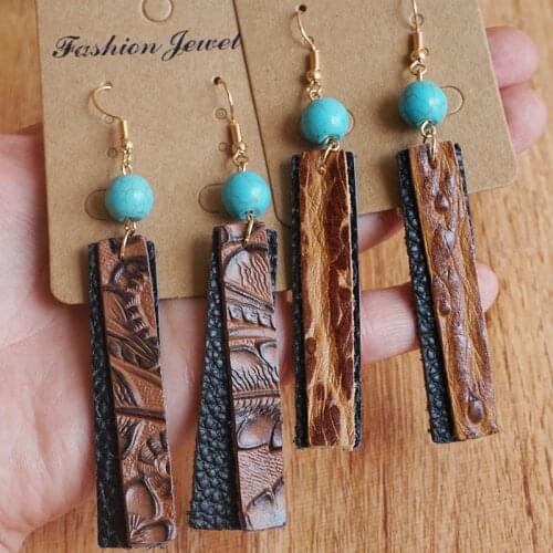 Statement Earrings Jewelry Women Wholesale Unique Geometric Textured Drop Simple Retro Emboss Long Leather Earrings for Gift