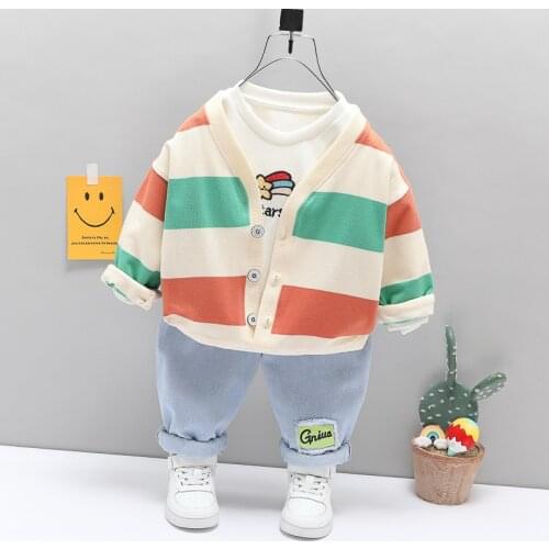 LISUNNY 2021 Spring Baby Boys Girls Clothing Sets Toddler Infant Stripe Coats T Shirt Jeans Children Kids Casual Costume