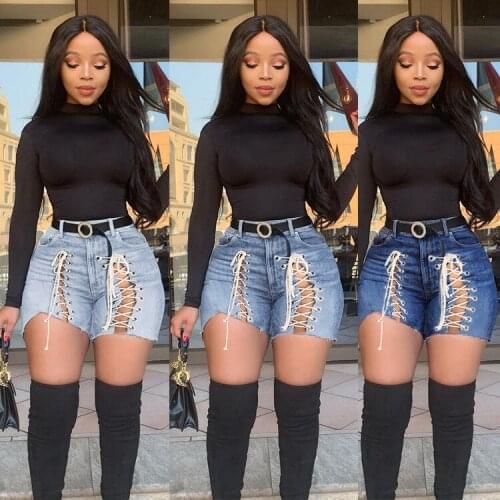 New Arrivals Women Stretch Solid Short Jeans 2021 Summer Streetwear High Waist Lace-up Hollow Out Skinny Mini Denim Shorts