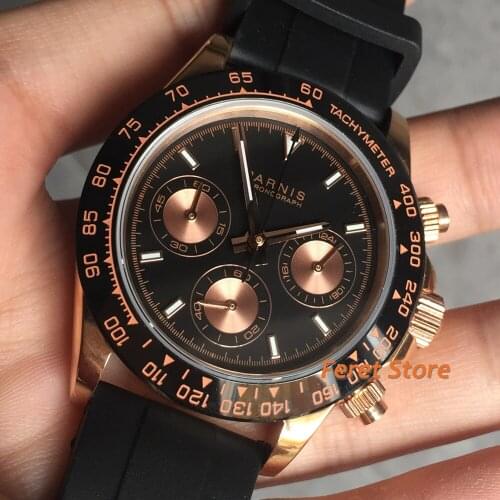 PARNIS Chronograph Function Luminous Watch Black dial Rubber strap buckle clasp stainless steel 39mm quartz mens watch