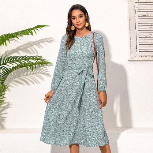 Autumn Spring Floral Print Womans Dress O-Neck Long Sleeve Ladies Dress High Waist A-Line Long Dresses with Sashes for Ladies