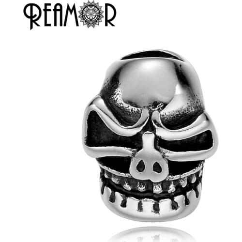 REAMOR Polishing 5mm Metal Skull Beads 316l Stainless Steel Silver Color European Large Hole Spacer Beads For DIY Jewelry Making