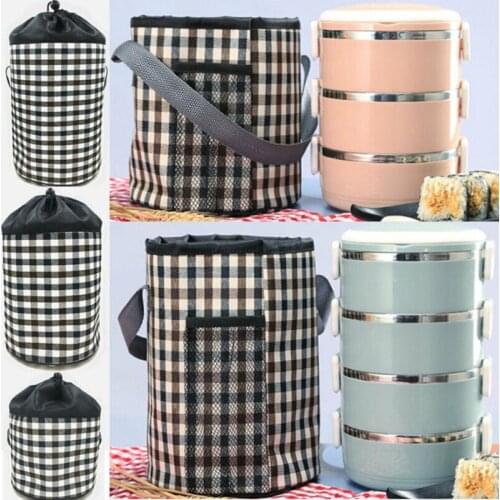 Portable Stainless Steel Thermal Insulated Lunch Picnic Box Bento Food Container Grid pattern Lunch Bag