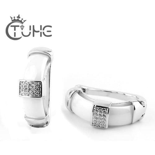 New Fashion Black Natural Stone Women Earrings With Bling Rhinestone Elegant White Ceramic Stud Earring U Shape Women Jewelry