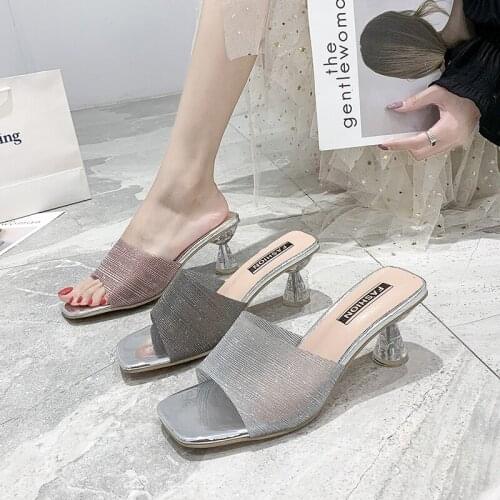 Sweet Sequined Cloth Ladies Slippers Summer Fashion Square Toe High Heels Transparent Crystal Open-Toed Slippers Outer Wear