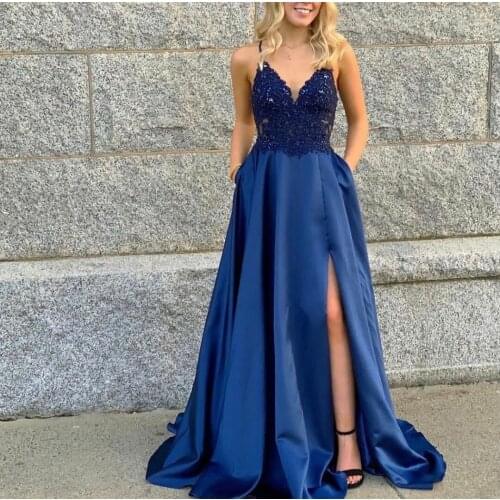 Sexy Bodycon Long Lace Blue Evening Dresses with Pockets Floor Length Criss Cross Back Side Slit Formal Party Dress for Women