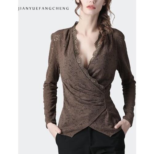 Ladies Brown Lace Blouse Sexy Crossed V-Neck Long Sleeve Ruffles Hollow Out 2020 Spring Women Tops Elegant Slim Office Blouses