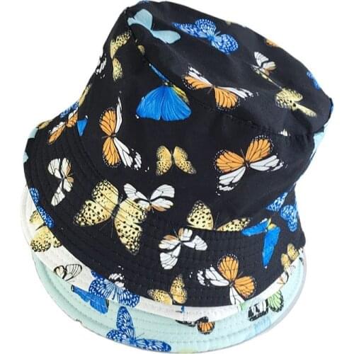 Womens Summer Bucket Hats Butterfly Printed Beautiful Female Wide Brim Sun Buckets Hat Caps Uv Protection