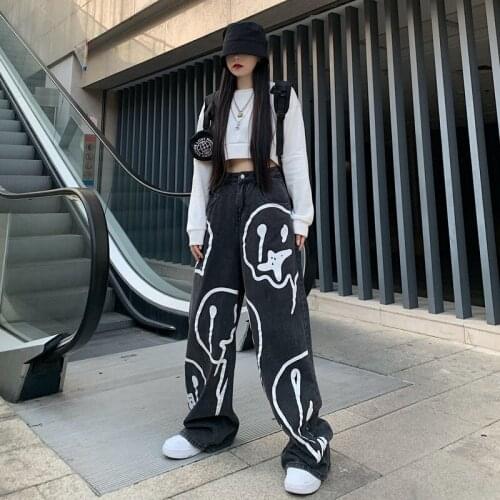 Woman Hip-hop Long Trousers Printing Wash Jeans Loose Casual Denim Wide Leg Pants