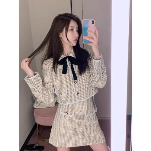 Women Sweater 2021 Early Autumn Camel Plaid Bow Cardigan Ruffled Irregular Midi Skirt Button Mini Skirt