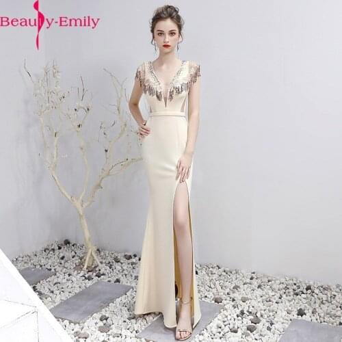 Beauty Emily Sexy V Neck Lace Mermaid Evening Dress Long Charming Beaded Tassel V Back Formal Dress with High Side Split