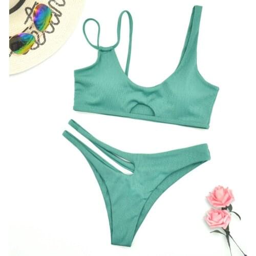 2021 Bikini Swimwear Swimsuit Women Solid Bathing Suit Green Neno Bikini Set With Pad Female High Waist Beachwear Biquini