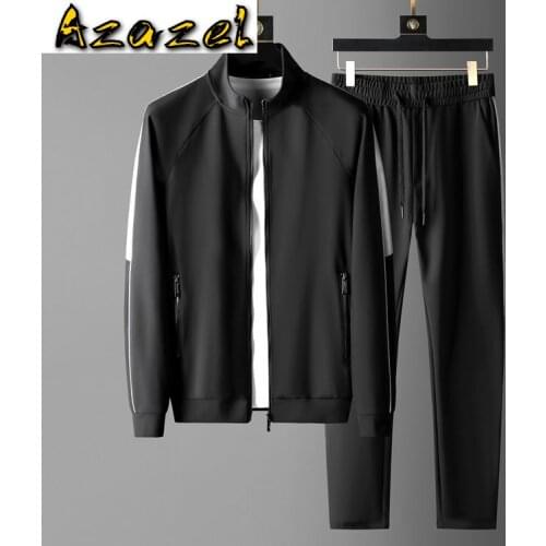 Azazel Splicing Design Mens Suits 2 Pieces Luxury Stand Collar Casual Sport Zipper Male Sweatshirts Elastic Waist Slim Man Pants