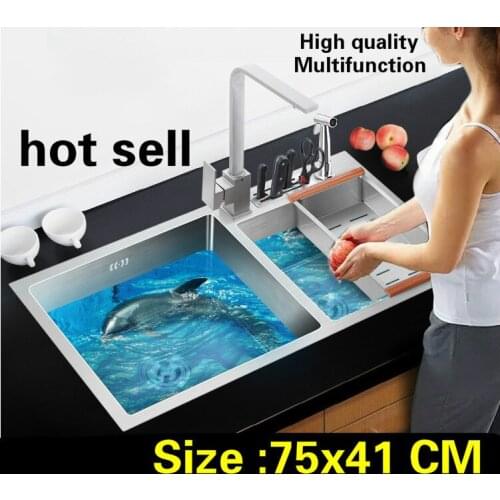 Free shipping Apartment luxury kitchen manual sink double groove wash vegetables standard 304 stainless steel 750x410 MM