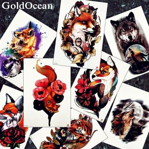 3D Flash Large Fox Tattoos Temporary Women Arm Chest Flora Fake Men Legs Tatoos Wolf Moon Waist Water Transfer Tattoo Red Supply