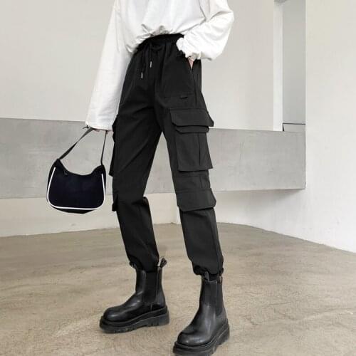 High Waist Cargo Pants For Women Clothes Loose Solid Black Spring Trousers Pockets Buttons Decorate Bootcuts Casual Wear P9655