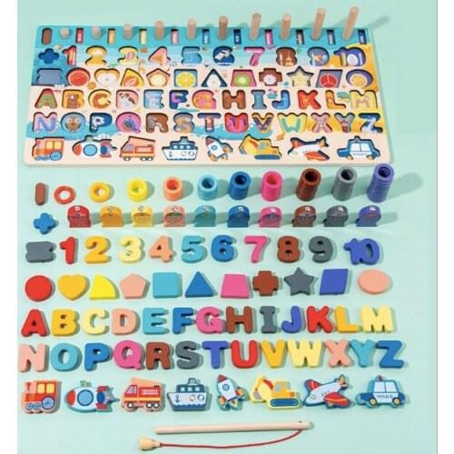 Wooden number Seven-in-one Wooden Puzzle Board Blocks Digital Traffic Cognition Toy Kids Magnetic Fishing Game Educational Toys