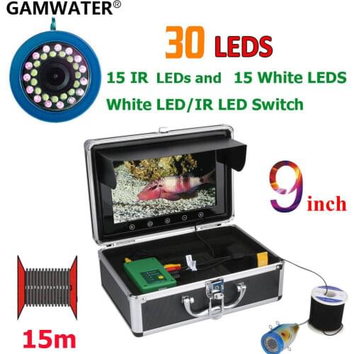 GAMWATER 9" Fish Finder 15M 30M 50M 1000TVL Underwater Fishing Camera 15pcs White LEDs + 15pcs Infrared Lamp For Ice/Sea