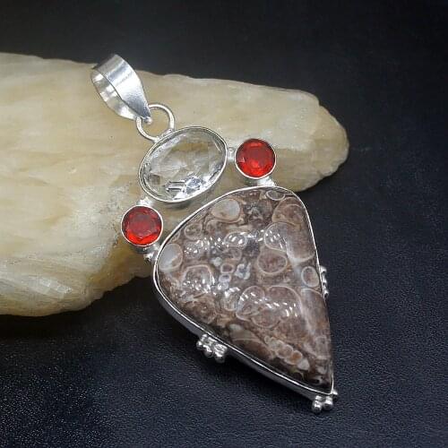 Gemstonefactory Jewelry Big Promotion 925 Silver Ammonite Jasper Topaz Garnet Women Ladies Gifts Necklace Pendant 0932