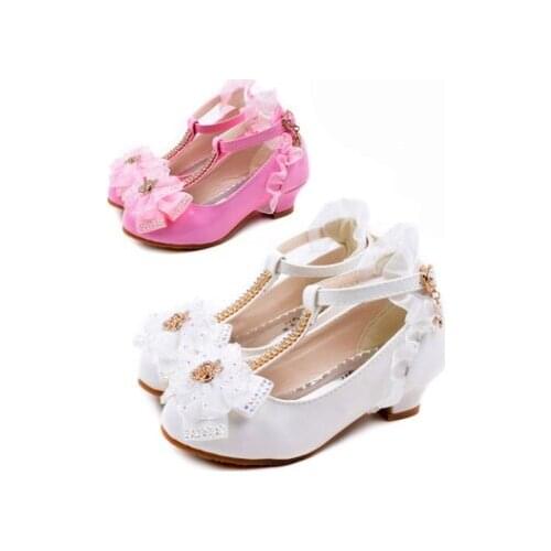 Hot Children Party Leather Shoes Girls PU Low Heel Lace Flower Kids Shoes For Girls Single Shoes Dance Dress shoe White Pink