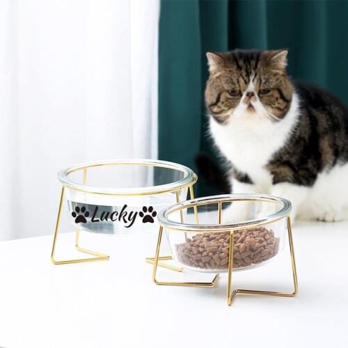 Personalized Dog Cats Pets Name Glass Non-slip Cat Bowl Dog Food Water Feeder Pet Drinking Dish Pet Products Cat Dog Pet Bowl