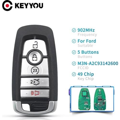KEYYOU 5pcs 902MHz ID49 Smart Remote Car Key For Ford Mondeo Mustang Fusion F-250 F-350 F-450 F-550 2017 M3N-A2C93142600 5 BTN