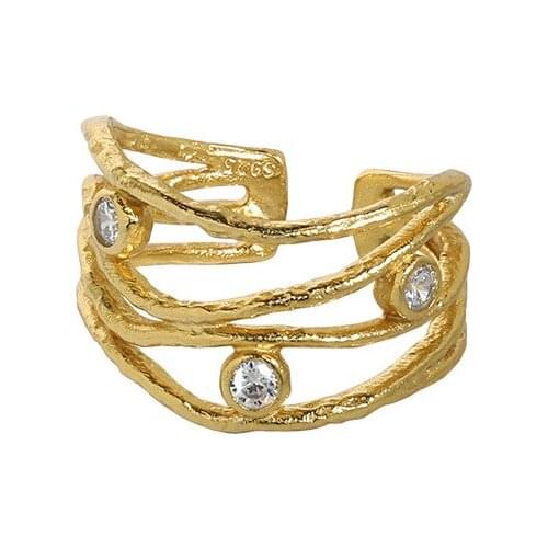 18K GOLD Authentic S925 Sterling Silver Fine Jewelry cz Rows Multi-layers Cross Criss Line Long ring Adjust Women TLJ1634