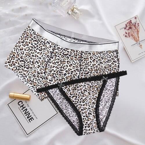 2PCS Fashion Sexy Leopard Couple Underwear Set Ice Silk Mens Breather Boxers Shorts Women Lace Panties for Lovers UnderPants