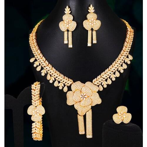 Blachette Trendy Nigerian Dubai Bridal Fashion Wedding Banquet 4PCS Luxury Cubic Zirconia Flower Statement Brand Jewelry Sets