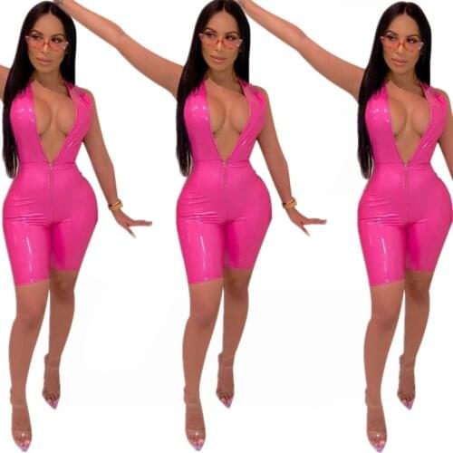 New women bright faux leather deep zipper v-neck sleeveless bodycon jumpsuit PU knee length romper sexy playsuit MP8265