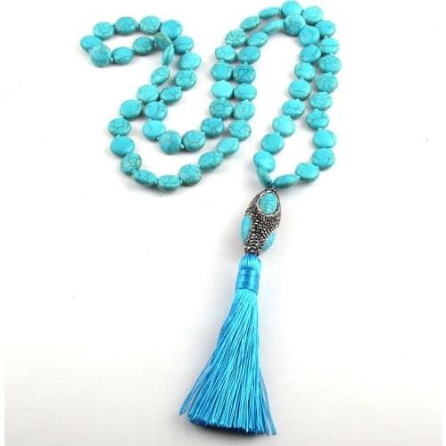 Fashion Long Knotted Flat White/blue Stones Bead Handmade Paved Stone Link Tassel Necklace For Women Necklaces