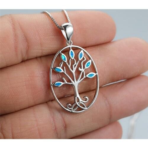 Blue White Opal Stone Necklace Vintage Hollow Small Tree Pendant Necklace Boho Rose Gold Silver Color Chain Necklaces For Women