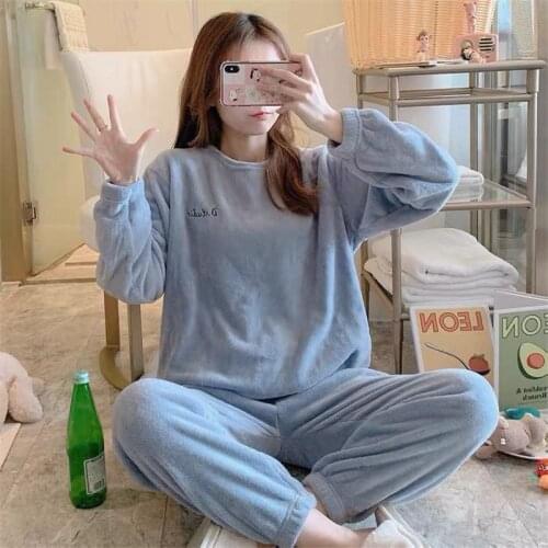 FINETOO 2 Pieces Winter Women Thicken Warm Soft Pajamas Female Flannel Pajamas Set Long Sleeve Sleepwear for Girls Ladies Pyjama