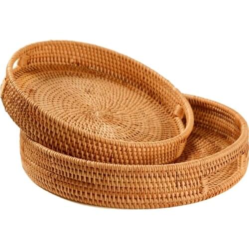 Practical Rattan Handwoven Round High Wall Severing Tray Food Storage Platters Plate over Handles for Breakfast Drinks Snack