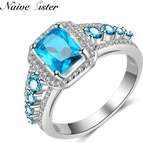 Luxury Ladies Engagement Ring Sky Blue Stone Wedding Rings For Women Fashion Love Gifts Valentines Trendy Crystal Jewelry New
