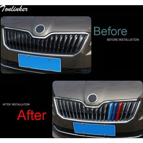 Tonlinker 3 Pcs Car Styling ABS Front Grille Trim Sport Strips sticker Cover Case Stickers For SKODA Superb 2016 Accessories