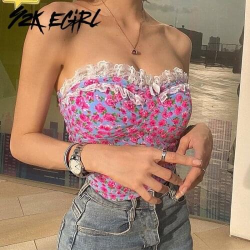 Y2K EGIRL Vintage Y2K Strapless Floral Crop Tops 2000s Streetwear Lace Trim Printing Ruffles Corset Tops Sleeveless Partywear