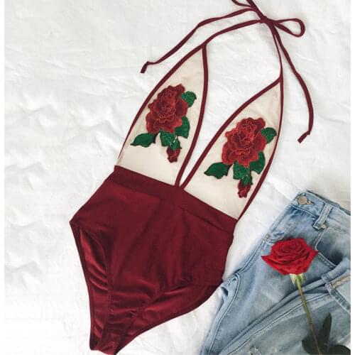 2020 Women One-Piece Swimsuit Embroidery Mesh Bikini Beachwear Sexy Lady Halter Monokini Bikini Female Backless Flowers Swimsuit