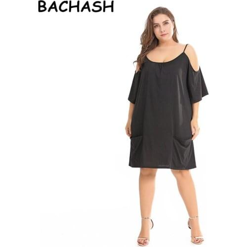 BACHASH Plus Size Women Dress Summer Casual Patchwork Solid Female Half Sleeve Color black Loose Spliced 2018 Dresses Pockets