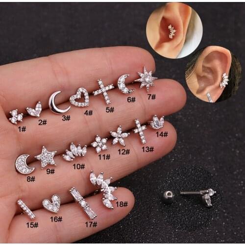 Gold Color 18Styles Cross CZ Rhinestone Stainless Steel Cartilage Helix Tragus Conch Rook Helix Stud Earrings Piercing Jewelry