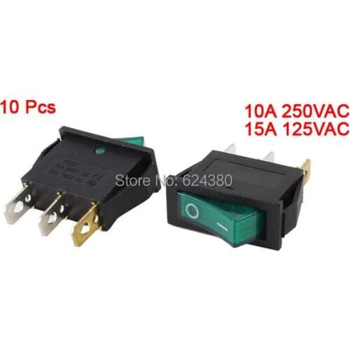10 pcs / Lots x Green Indicator Light On/Off Two 2 Position 1P1T SPST Snap in Boat Rocker Switches 250V/10A 125V/15A AC