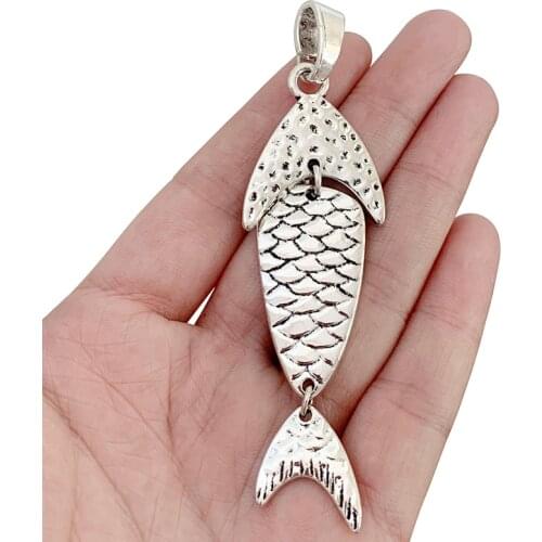 2 x Antique Silver Color Large Fish Charms Pendants for Necklace Jewellery Making Accessories 98x27mm
