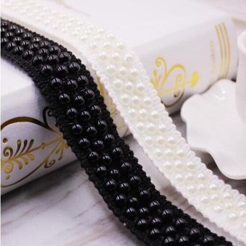 30Yards Beaded Pearl Trims Black Beads Lace White Lace Trimming Ribbon Appliques Sewing Renda For Wedding Dress Hair Accessory
