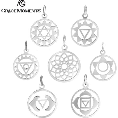 5pcs/Lot Chakra Charms Meditation Pendants Round Hollow Chakra OM Buddhist Metal DIY Charms For Jewelry Making Supply