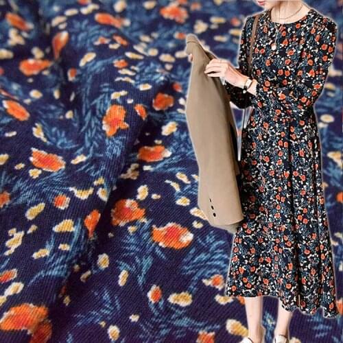 50*145cm Fashion Dark Blue Floral Fabric Corduroy Printed Fabric Dress Pants Robe Jacket Handmade DIY Fabric