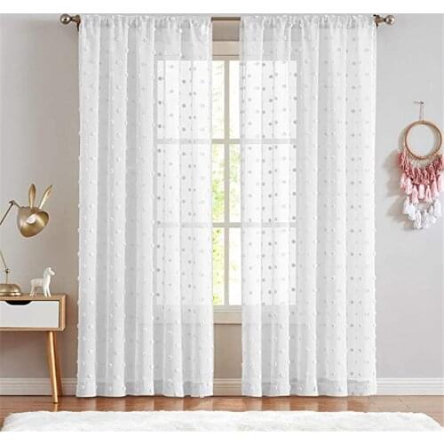White Sheer Pompom Curtains for Bedroom Living Girls Room Pom pom Voile Window Curtains Tulle for Nursery Kids Teenage Room